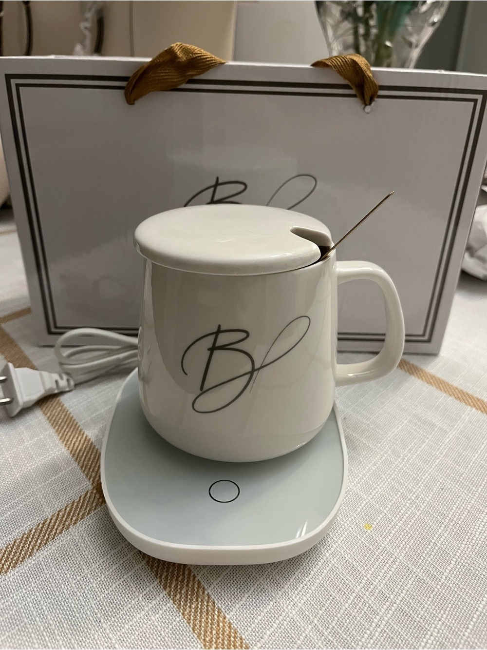 Monogram Ceramic Mug with Lid and Warmer - White B